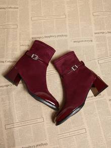 French Square Toe Chunky Heel Boots For Women, New Autumn/Winter French Style Ankle Boots With Velvet Patchwork, High-End Slim Boots, Elegant - Burgundy - View 3