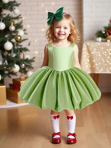 Baby Mädchen einfarbiges ärmelloses Satin Schleife Tüll Elegantes Geburtstags Party Kleid, ohne Haarband