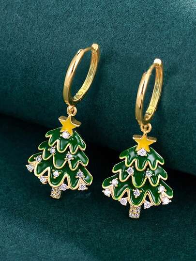 1 Pair Fashion Christmas Tree Cubic Zirconia Drop Earrings For Women For Wedding Engagement Anniversary Party Jewelry Christmas Day Gift