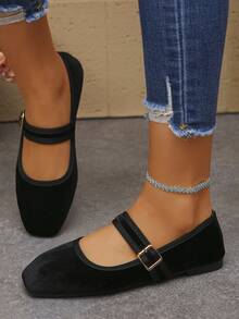 大码 EU 35-43 复古玛丽珍鞋，新款春秋时尚黑色天鹅绒搭扣低帮方头平底鞋，舒适软底女士芭蕾平底鞋，适合日常、工作、通勤、驾车、度假穿着 - 黑色 - 查看 5