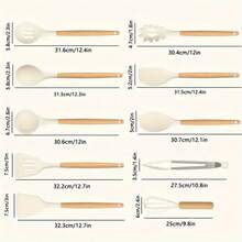 12pcs/Set Silicone Cooking Utensils Set For Kitchen, Heat Resistant Non-Stick Cooking Set With Wooden Handle Spatula Turner Spoon Tongs Whisk - Multicolor - View 9