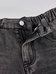 少女直筒弹力腰宽松休闲复古牛仔裤 - 灰色 - 查看 3