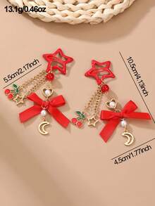 2pcs Women's Fashion Elegant Hair Accessories Y2K Cute Red BB Clips, Bowknot, Star, Moon, Cherry, Rose, Pearl Pendant Hair Clips, Suitable For Daily, Festival, Gathering, Party Matching - Red - View 5