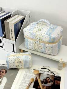 1Pc/Set Bow Knot & Rose Design Quilting Cosmetic Bag, Fashionable Portable Makeup Bag, Multi-Functional Storage Bag For Lipstick, Sanitary Napkin, Coins, Keys Etc, Large Capacity Lovely Wash Bag For Travel Organizer Cosmetic Bag For Travel, Mother's Day Gift, Valentine's Day, Anniversary.