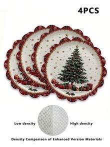 1/4 piezas Manteles individuales redondos de lino, con estampado de árbol de Navidad, copos de nieve, regalos, adecuados para decoración de cocina y comedor