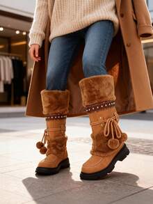 Women's Winter Furry Knee High Snow Boots Fashion Platform Chunky Heels Warm Faux Fur Lining Pull On Casual Comfy Boots Woman - màu nâu - Xem 4