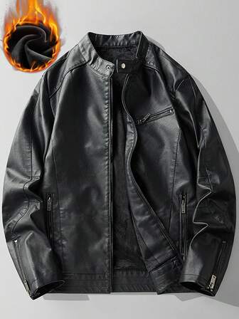 男士PU皮革长袖拉链休闲保暖加厚外套
