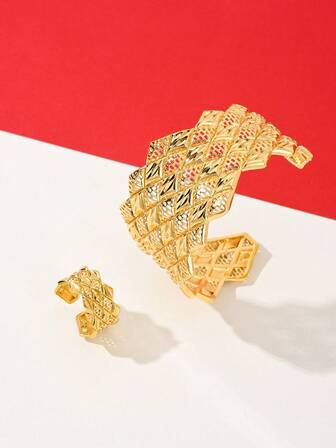 Juego de pulsera y anillo dorado - Pulsera dorada de lujo y elegante para mujer - Anillo, adecuado para uso diario, boda, fiesta, alternativa a la joyería de oro