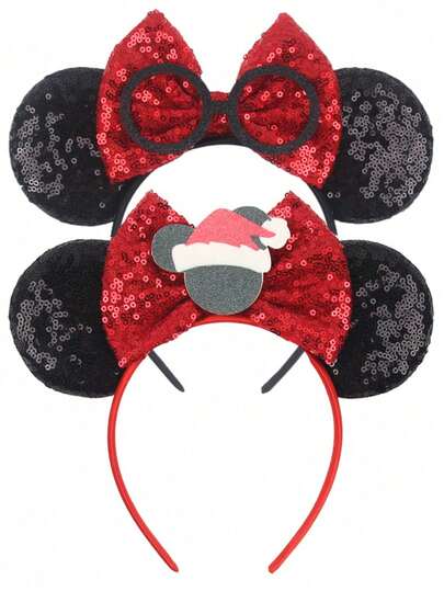 Disney 2 Styles Mickey Mouse Inspired Headbands | Santa Hat & Black Frame Glasses Designs, Sparkling Red & Black, Christmas Elements + Details, Suitable For Christmas Parties, Theme Parks, Daily Outfits, Creating Holiday Vibes & Stylish Looks, Perfect Accessories For Disney Fans & Fashion Enthusiasts