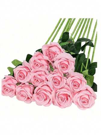 1 pieza/10 piezas/20 piezas Decoraciones de boda del Día de San Valentín en color rosa Flores de seda artificiales rosas realistas con tallo largo para decoración del hogar, bodas y fiestas