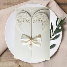 1/5/10pcs Exquisite Sparkling Powder Invitation Letter Heart Shaped Bow Invitation Letter Wedding Blessing Hollow European Invitation Letter Gold Plated Personalized Sparkling Powder Greeting Card Wedding Special Suitable For Wedding Anniversaries, Bridal Showers, Engagement Parties, And Anniversary Dinner Invitations. - Multicolor - View 2