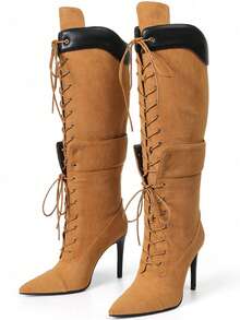 Women's Knee High Boots Pointed Toe Lace Up Stiletto Heel Yellow Boots Motorcycle Dressy Party Luxury Fashion Spring Summer Boots For Women - Màu vàng - Xem 3