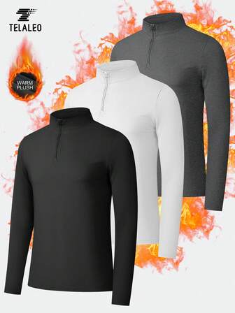 TELALEO 3 paquetes de tops de manga larga para hombres, de secado rápido, con cremallera de cuarto, ropa deportiva de manga larga, moda otoñal, sudaderas con capucha para entrenamiento, cremallera casual para invierno