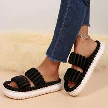 Slippers For Women Fall Winter Double Straps Plush Open Toe Memory Foam Bedroom Slippers Shoes Slippers Cotton Fuzzy Slippers Indoor House - 黑色 - 查看 9