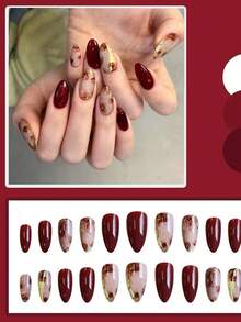 Monina 24 Stück Batik-Rot Rose Mandel-förmige Kunstnägel, elegante & charmante burgunderrote Blumen Luxus Chic vielseitige Mode Nageldekoration, tolles Geschenk für Frauen, Valentinstag Nagelbedarf - Verschiedenfarbig - Übersicht 3
