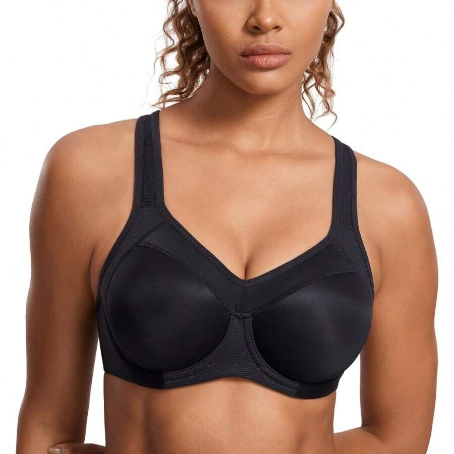 SYROKAN Women's Full Support High Impact Racerback Lightly Lined Underwire Sports Bra - Solid Black - View 1