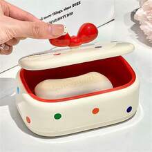 1个家用塑料皂盒，带盖，创意可爱，浴室洗漱台摆件，波点狗狗蝴蝶结皂盒，情人节、元旦及新年收纳用品 - 彩色 - 查看 4