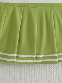 Young Girl Striped Print Polo Collar Short Sleeve Casual Dress, Summer - Lime Green - View 4