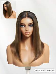 Wigs Pre Everything 13x4 蕾丝前置自然黑至栗棕渐变色 Yaki Bob 假发，预剪预拔预漂白透明蕾丝，易于造型，100% 真人发，齐肩长度，Unice Hair - SNATURAL/33 - 查看 4