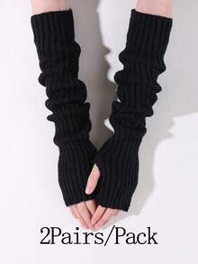 1 双女士优雅黑色针织肘长臂袖保暖器，适合冬季户外服装 Y2K 长手套 - 黑色 - 查看 6