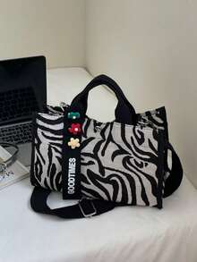 Fashionable Versatile Fabric Bag, Commuter Zebra Print Handbag - Black and White - View 8