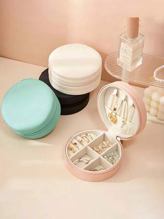 1 pieza Caja de joyería portátil, Caja de joyería compacta, Organizador de joyas para el hogar sencillo para mujeres, Organizador de pendientes mini exquisito, Caja de joyería con cremallera para viajes, Caja de almacenamiento para viajes, Puede almacenar pendientes, anillos, collares, pulseras, Bolsa de maquillaje portátil, Útiles escolares, Artículos esenciales para viajes, Suministros para dormitorios de mujeres