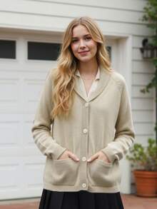 Women's Shawl Collar Cardigan Long Sleeve V Neck Graphic Print Button Down Sweater Knit Tops - Navy Blue - View 2