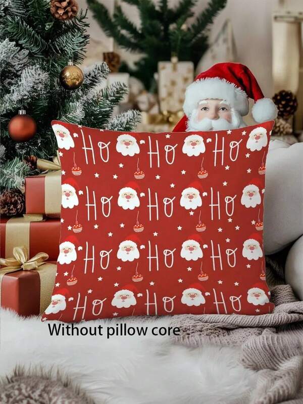 1/2/4 piezas Funda de almohada navideña con Papá Noel - 45 cm Decoración navideña roja con texto "HO HO HO", copos de nieve y hombres de jengibre, funda de cojín con cremallera de poliéster para sala de estar o dormitorio, lavable a máquina (inserto no incluido), Fundas de almohada navideñas