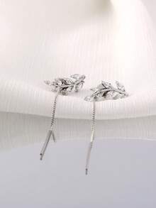 Nooxian 2pcs Micro-Inlaid Zirconia Leaf Metal Wire Tassel Zirconia Ear Line Earrings For Women - Silver - View 8