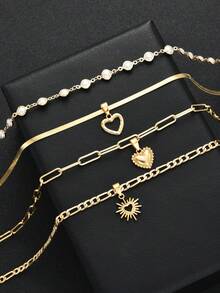 4pcs/Set Exaggerated Heart & Sun Faux Pearl Y-Necklace Sweater Chain, Suitable For Women's Daily Wear, Shopping And Party - Gold - View 7