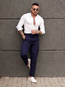 Men's Italian Tailored Trousers - Navy Blue - View 4