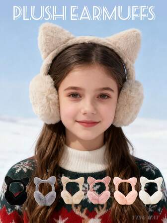1 pieza Orejeras de peluche con orejas de gato unisex para adolescentes, diseño 3D lindo, cálidas y plegables, adecuadas para uso diario en otoño/invierno, actividades al aire libre, esquí, senderismo, cosplay, fiestas, Navidad, Acción de Gracias