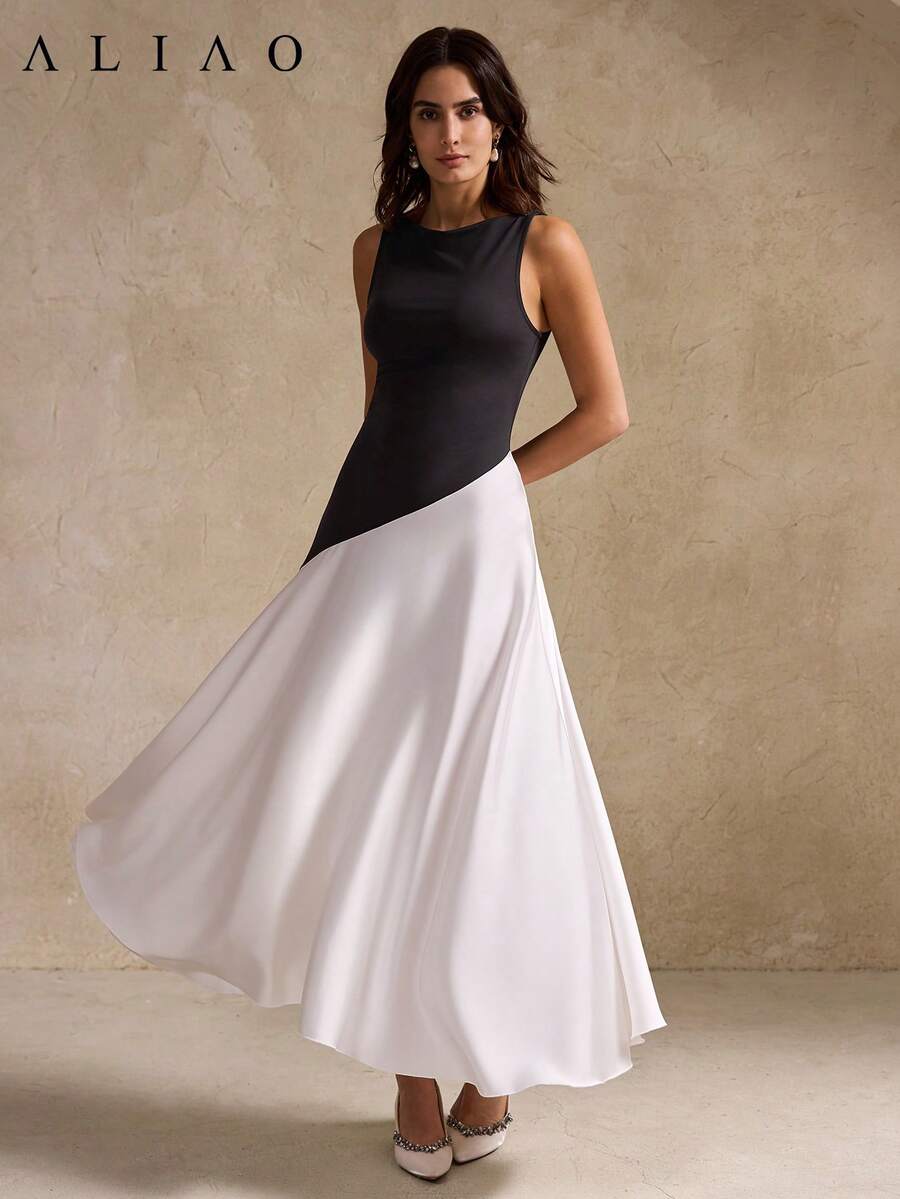 Váy dài hở vai chữ A không tay siêu co giãn Aliao cao cấp, mùa cưới, trang phục ngày lễ tình nhân, thu đông, sự kiện tiệc trắng, phong cách quý tộc, phong cách cung đình, trang phục bắt mắt, trang phục thanh lịch hàng ngày