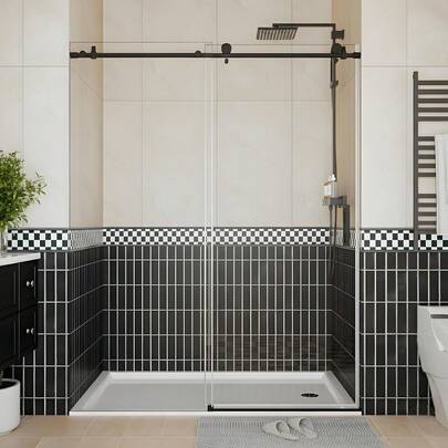 Shower Glass Door, Frameless Sliding Shower Door With Round Stainless Steel Track & 55mm Rollers, Tempered Glass, Contemporary Shower Doors For Bathroom Renovation