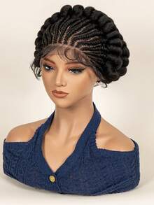 Short Handmade Crochet Lace Wig, Cute Synthetic Braided Lace Wig With Baby Hair, Seamless Crochet Wig - Black - View 3