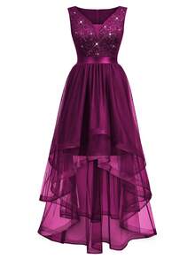 MIUSOL Elegant Women's Maroon Sequin Floral Lace V-Neck Sleeveless Mesh Swing Maxi Dress With Layered Ruffle High Low Hem, For Formal Wedding Guest, Prom, Graduation, Evening Party, Dinner - 紫紅色 - 查看 7