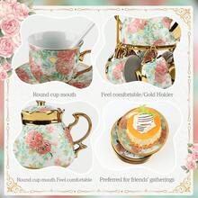 Juego de té de cerámica europea para adultos, 20 piezas de porcelana con soporte de metal, taza y platillo de flores con soporte, taza y platillo vintage con motivos florales para regalo, hogar, fiesta, boda (blanco) - Verde - Ver 5