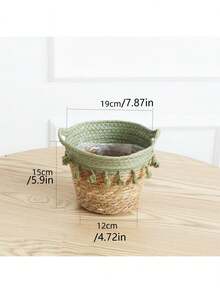 Ghiveci de plante din iarbă de mare împletită, tip coș, lucrat manual, cu plantă șarpe artificială, pentru decor nordic în living, accente de casă în stil boho, expunere neutră a vegetației în interior