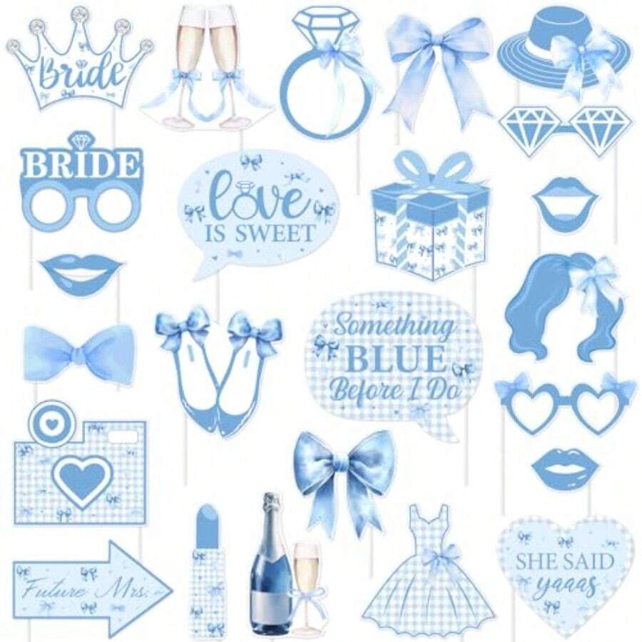 QY- Kreatwow Something Blue Before I Do Bridal Shower Decoration 24Pcs Blue Bow Bridal Shower Photo Props Decoration Ring Champagne Love Is Sweet Photography Decor For Bow Bachelorette Wedding -6459 - 如圖 - 查看 1