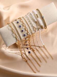 9pcs Elegant Faux Pearl & Crystal Heart, Evil Eye Bracelet Set, Fashion Jewelry Gift For Women, Suitable For Date, Party, Birthday, Holiday, Everyday Wear - Yellow Gold - View 5