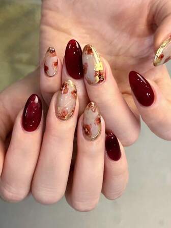 Monina 24pcs Tie Dye Red Rose Almond Shaped False Nails, Elegant & Charming Burgundy Floral High-End Luxury Chic Versatile Fashion Nail Decor, Great Gift For Women, Valentine's Day