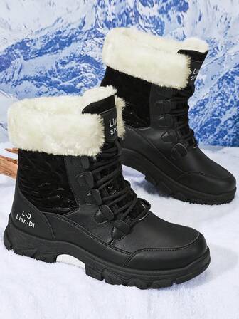 Men's Snow Boots, New Winter High-Top Thick Fur Lining Warm Boots, Thick Sole Anti-Slip Leather Boots, Outdoor Hiking Shoes With Rotating Button Design, Classic Mid-Calf Fur Collar Boots, Anti-Slip Thick Sole, Super Cold-Resistant, Ideal For Outdoor, Cold Storage, Freezing Environments