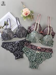 3 Sets/6pcs Women Lace Underwear Set With Underwire Bra, Sexy Push-Up Bra And Comfortable Panties - Multicolor - View 1