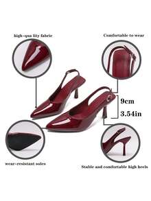 Women's Kitten Heel Pumps, High Heel Pointed Toe Glossy PU Thin Heel Red Wedding Shoes, Bridesmaid Shoes, Versatile Elegant Mature Lady Style Buckle Sandals - Burgundy - View 5