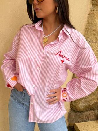 休闲条纹字母刺绣爱心前扣长袖衬衫，秋季