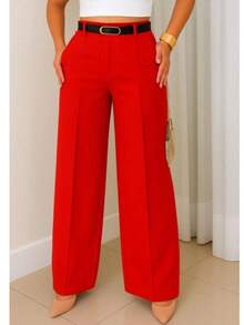 Women's Wide-Leg Pants | High Waist With Side Pockets + Belt - 紅色 - 查看 2