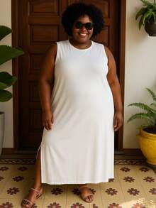 Women's Plus Size Midi Casual Dress With One-Sided Slit, Cotton Knit, Evangelical Fashion, Evening, Holiday, Travel - 白色 - 查看 2