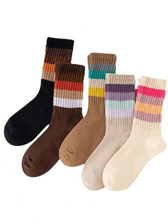 5 pares de calcetines de media caña casuales y versátiles con rayas de colores y puños acanalados, para otoño/invierno