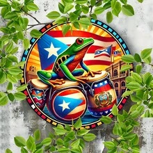 2D Flat, Puerto Rico And Drum Metal Wall Decoration - Tropical Latin Style Decoration With, Waterproof And Fade-Resistant Aluminum Round Sign, Suitable Home, Bars, Cafes, Courtyards - Puerto Rican Cultural Decoration (2), Tropical Wall Art, Cafe Decoration, Puerto Rican Theme, Home Decoration, Bar Owner, 2D Flat - 彩色 - 查看 3