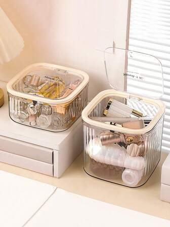 1 pieza Caja organizadora de borlas de polvo de acrílico con tapa emergente, estuche de almacenamiento de esponjas de maquillaje - Soporte de exhibición de escritorio a prueba de polvo, adecuado para tocadores, encimeras de baño y estuches de viaje, herramientas de belleza, decoración del hogar. (Consejo: Hay un video de instalación en la página de inicio), Regalos para mujeres, Regalos de Navidad, Ideas de regalo para mujeres